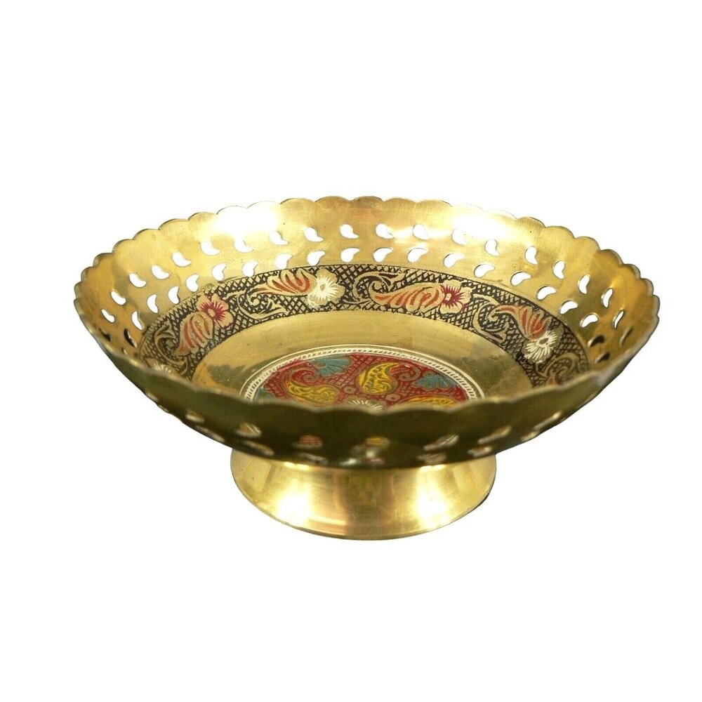 Dish Bowl Brass Pedestal Base Floral Cut Reticulated Laced border Hand Tooled